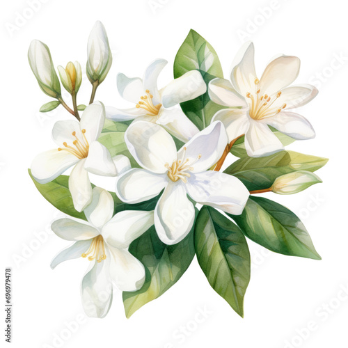 Beautiful White Jasmine Flower Bouquet Botanical Watercolor Painting Illustration