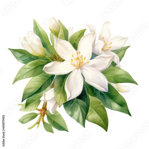 Blooming White Jasmine Flower Botanical Watercolor Painting Illustration
