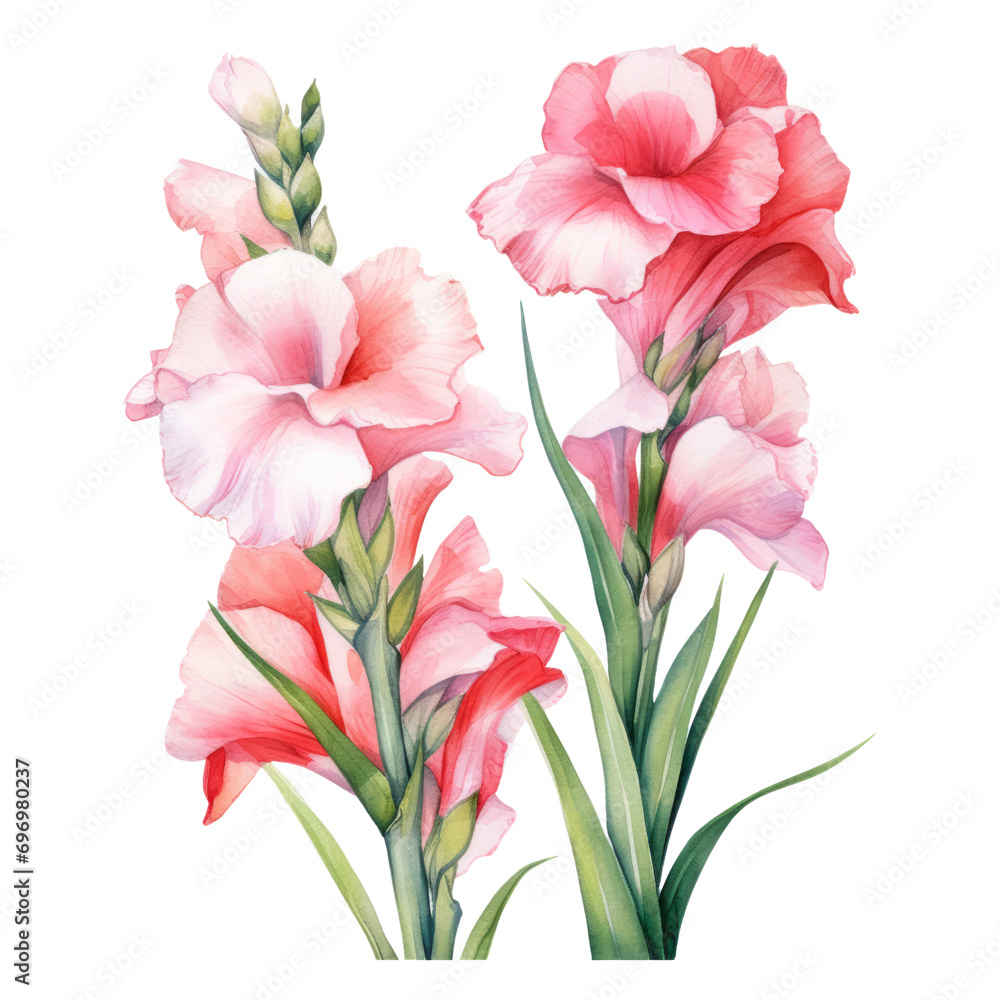 Blooming Bright Pink Gladiolus Flower Botanical Watercolor Painting Illustration