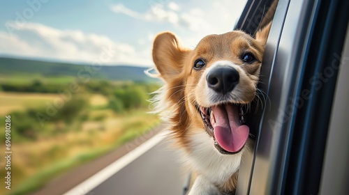 happy dog looking out of car window