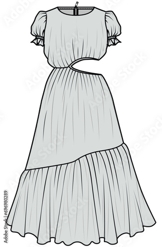 Puff Short Sleeve Waist Cut Out Tiered Maxi Dress Fashion Illustration, Vector, CAD, Technical Drawing, Flat Drawing, Template, Mockup