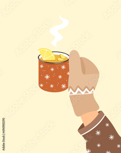 Hand in mitten holding a cup of hot tea with lemon and ginger. Hot winter drink. Flat vector illustration