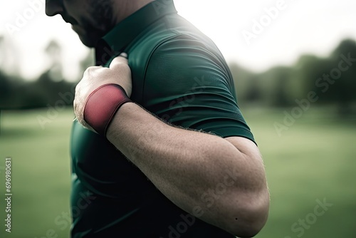 sports injury golf man shoulder pain game course massage relief health wellness green hands muscle support golfer body ache golfing workout photo