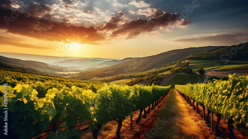 Vászonkép A picturesque vineyard on a hillside with rows of grapevines at sunset