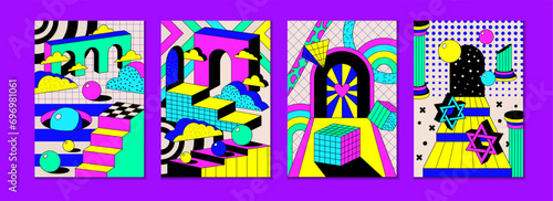 Psychedelic trippy retro element. Surreal geometric poster. Door and window in space. Crazy sticker. Galaxy portal. Funny bright universe. Magic pop illusion ladder. Vector garish minimal cards set
