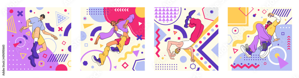 Character creative geometric. Colorful human creator business, jump young modern person, people pose energy on abstract background, man and woman excited joy. Vector flat contemporary illustration