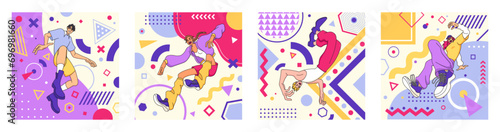 Character creative geometric. Colorful human creator business, jump young modern person, people pose energy on abstract background, man and woman excited joy. Vector flat contemporary illustration