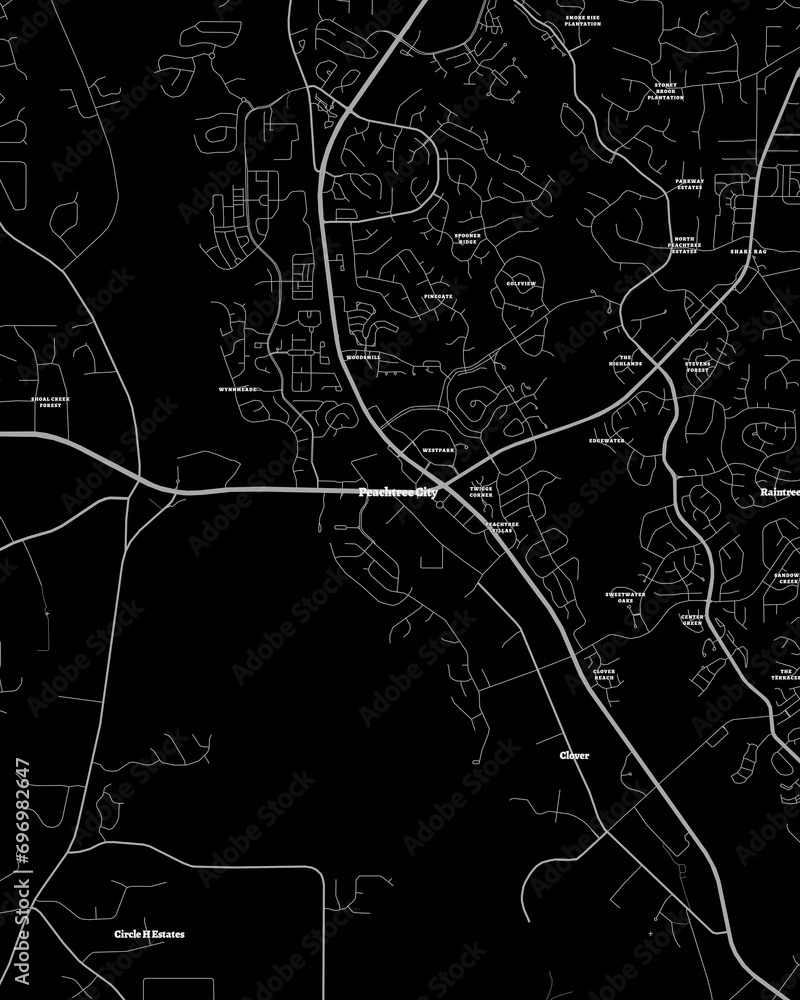 Peachtree City Georgia Map, Detailed Dark Map of Peachtree City Georgia