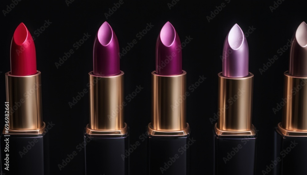 a row of lipsticks with different shades of pink, red, and purple on a black background with a reflection of light coming from the top of the lipstick. a row of lipsticks with different shades of pink, red, and purple on a black background with a reflection of light coming from the top of the lipstick.