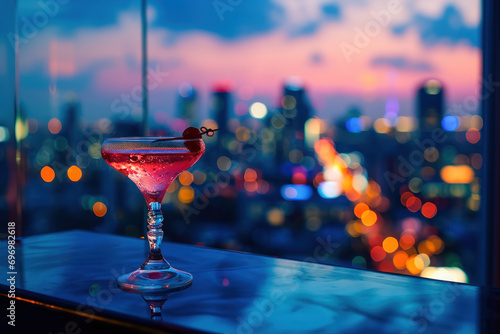 Cosmopolitan cityscape, a city skyline at dusk with a Cosmopolitan glass in the foreground, creating a cosmopolitan-themed image that embodies the dynamic and vibrant energy of urban living.