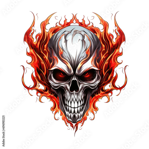 Skull and flame hand drawn with tattoo on white background
