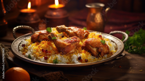 Traditional iranian biryani meal with chicken and rice on table