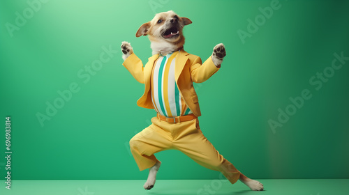 fancy dancing dog in sunglasses isolated on a vibrant background enjoying the party. festive vibes. copy space.