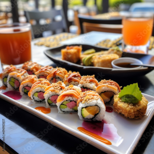 Japanese cuisine: set of rolls and soy sauce on restaurant table