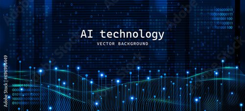 AI technology. Binary coding. Artificial data tech. Cyber network development. Science futuristic innovation. Website analytics. Business space code. Wireframe computer engineering. Vector background