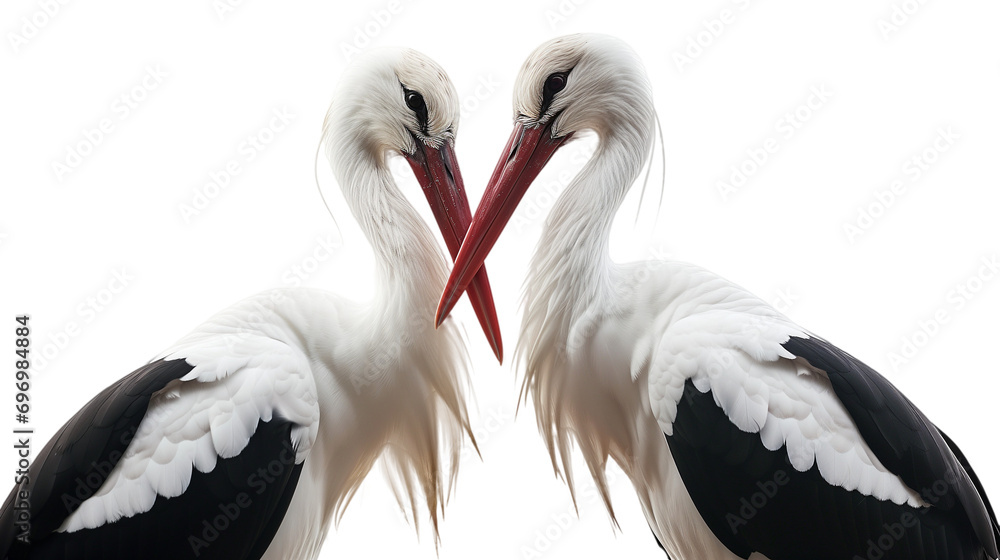 Two white storks crossing their red beaks as a symbol for love isolated on a transparent background Two white storks crossing their red beaks as a symbol for love isolated on a transparent background