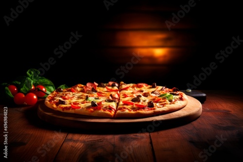 Pizza with bacon  sausages  ham  tomato and olives. Sprinkle with arugula and served with tomato and cheese. Pizza Restaurant. Snack  dinner
