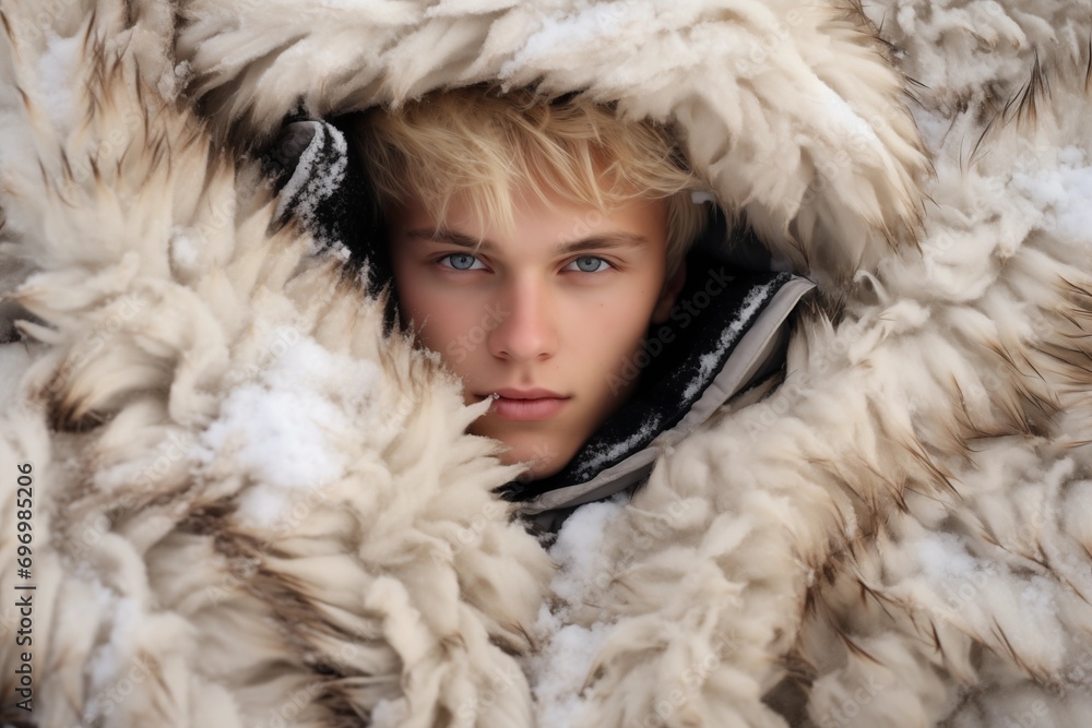 Youthful winter charm, a boy enveloped in fur, ideal for fashion and seasonal themes, horizontal orientation, Youthful winter charm, a boy enveloped in fur, ideal for fashion and seasonal themes, horizontal orientation,