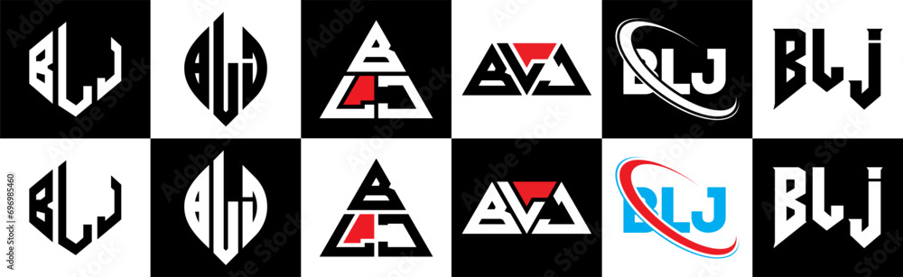 BLJ letter logo design in six style. BLJ polygon, circle, triangle, hexagon, flat and simple style with black and white color variation letter logo set in one artboard. BLJ minimalist and classic logo BLJ letter logo design in six style. BLJ polygon, circle, triangle, hexagon, flat and simple style with black and white color variation letter logo set in one artboard. BLJ minimalist and classic logo