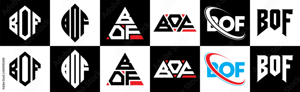 BOF letter logo design in six style. BOF polygon, circle, triangle, hexagon, flat and simple style with black and white color variation letter logo set in one artboard. BOF minimalist and classic logo BOF letter logo design in six style. BOF polygon, circle, triangle, hexagon, flat and simple style with black and white color variation letter logo set in one artboard. BOF minimalist and classic logo