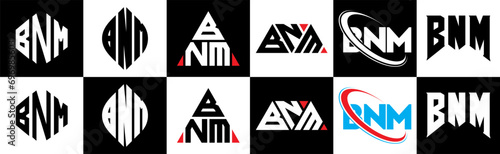 BNM letter logo design in six style. BNM polygon, circle, triangle, hexagon, flat and simple style with black and white color variation letter logo set in one artboard. BNM minimalist and classic logo photo