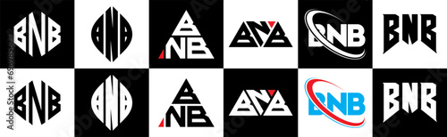 BNB letter logo design in six style. BNB polygon, circle, triangle, hexagon, flat and simple style with black and white color variation letter logo set in one artboard. BNB minimalist and classic logo photo