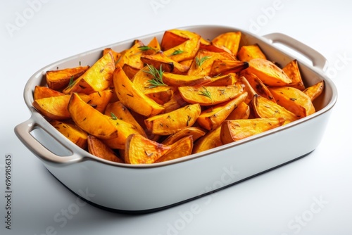Roasted sweet potatoes in a white baking dish on a white background
