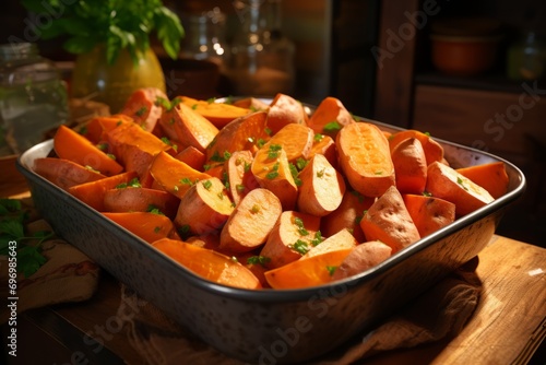 Sweet potatoes ready for cooking in a baking dish