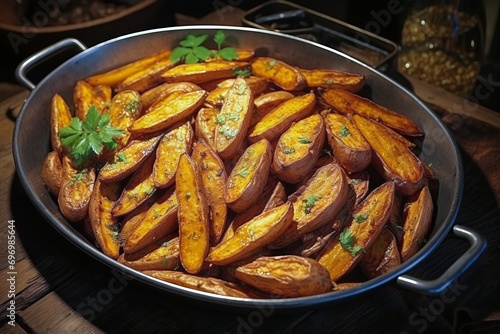 Roasted sweet potatoes in a baking dish on a table close-up