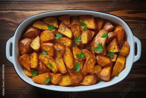 Roasted sweet potatoes in a white baking dish on a wooden background top view