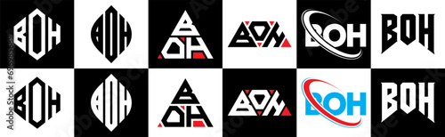 BOH letter logo design in six style. BOH polygon, circle, triangle, hexagon, flat and simple style with black and white color variation letter logo set in one artboard. BOH minimalist and classic logo