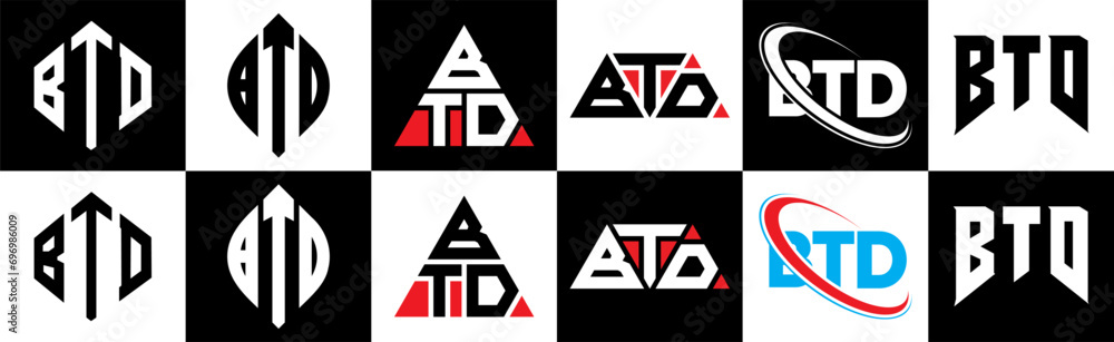 BTD letter logo design in six style. BTD polygon, circle, triangle, hexagon, flat and simple style with black and white color variation letter logo set in one artboard. BTD minimalist and classic logo BTD letter logo design in six style. BTD polygon, circle, triangle, hexagon, flat and simple style with black and white color variation letter logo set in one artboard. BTD minimalist and classic logo