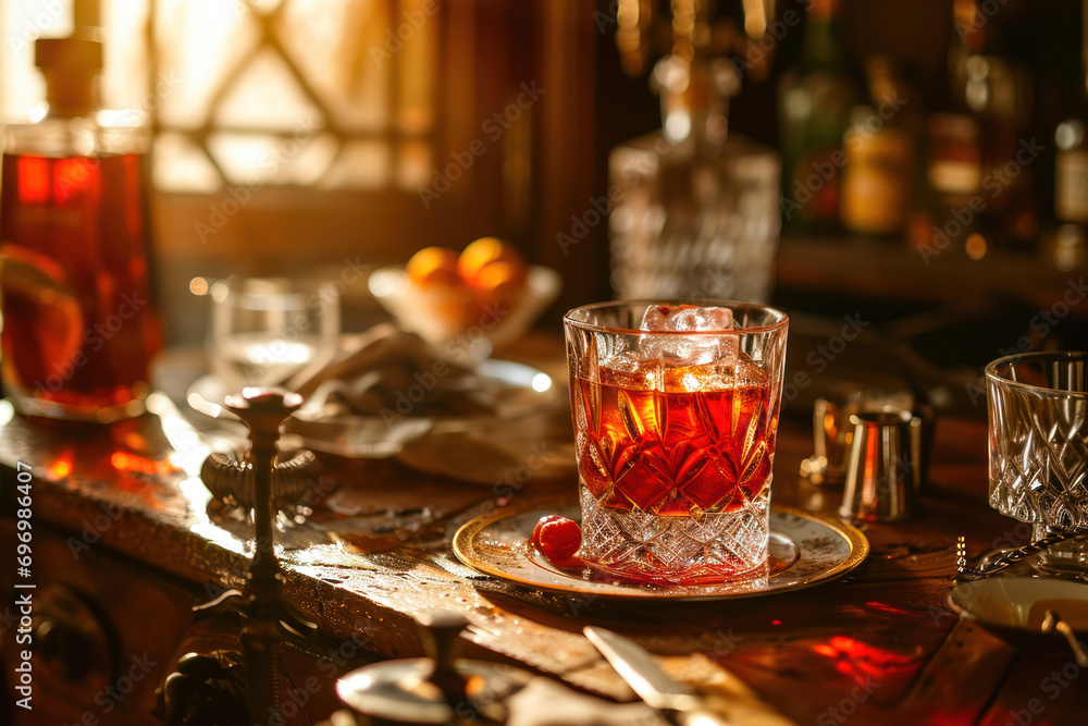 Negroni vintage elegance, a nostalgic setting with a Negroni glass on a vintage bar cart, surrounded by classic barware, exuding the timeless charm and elegance associated with this iconic cocktail.