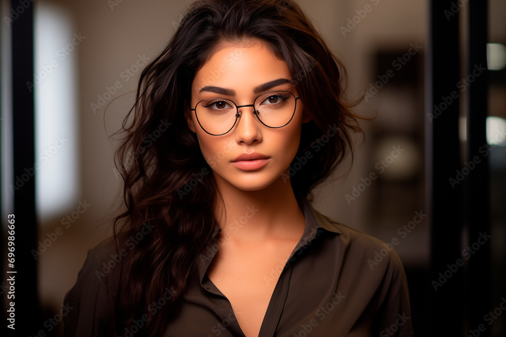 a beautiful asianwoman business with glasses in the office, strong facial expression, dark white and dark brown, simple, multi-layered a beautiful asianwoman business with glasses in the office, strong facial expression, dark white and dark brown, simple, multi-layered