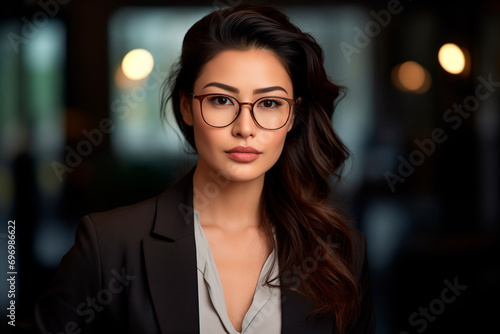  a beautiful asianwoman business with glasses in the office, strong facial expression, dark white and dark brown, simple, multi-layered