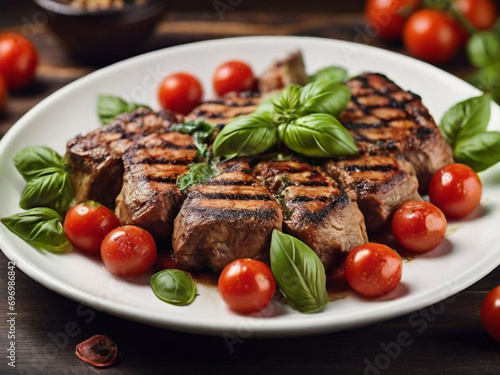 grilled meat with basil and tomato