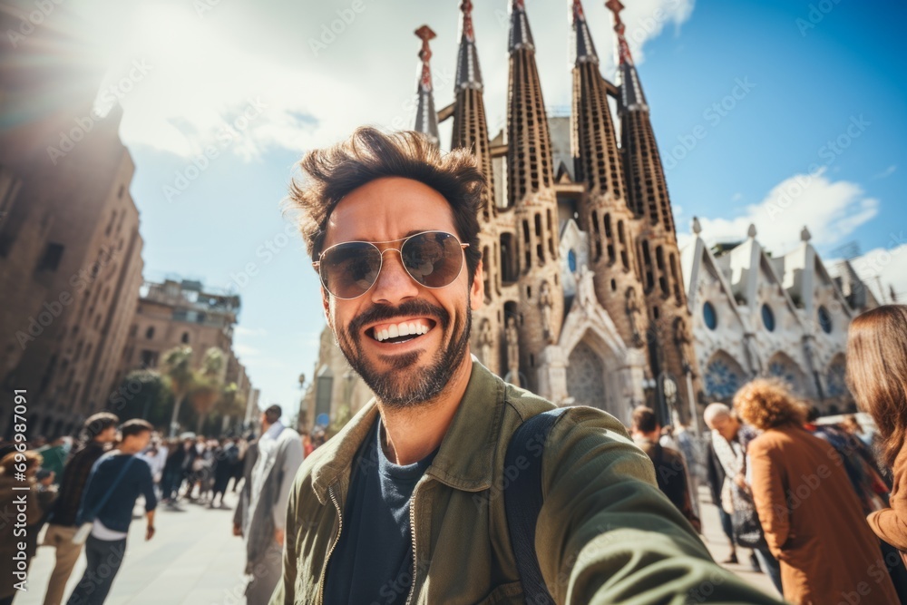 Man Capturing a Memorable Selfie in Front of a Majestic Cathedral La Sagrada Familia in Barcelona, Spain - obrazy, fototapety, plakaty 