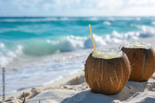 Pina Colada beach retreat, friends enjoying Pina Coladas with coconut straws on a sandy beach, the turquoise ocean waves in the background, creating a carefree and tropical atmosphere.