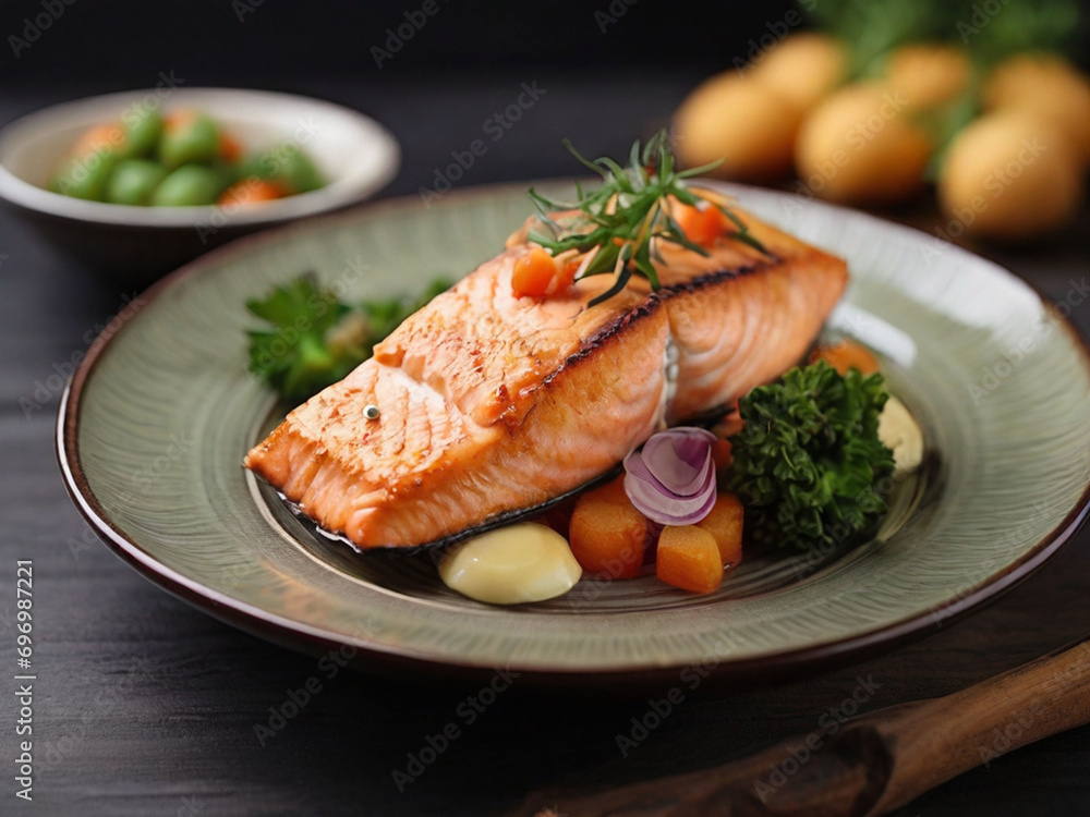 fried salmon dish with sauce and vegetables fried salmon dish with sauce and vegetables