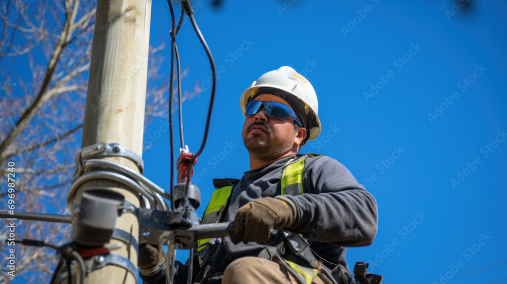 Electrician lineman repairman worker at climbing work on electric post power pole Electrician lineman repairman worker at climbing work on electric post power pole