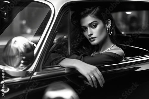 etro Elegance: A Captivating Black and White Photo of a French Model Seated in a Vintage Car, Embodying 60's and 70's Chic