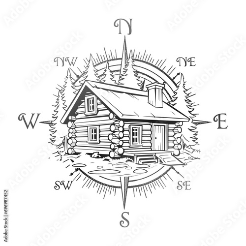 Cabin Compass Illustration Clip Art Design Shape. Cottage Silhouette Icon Vector.