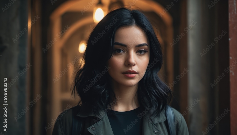 a close up of a person wearing a black shirt and a green jacket and looking at the camera with a serious look on her face while standing in a hallway. a close up of a person wearing a black shirt and a green jacket and looking at the camera with a serious look on her face while standing in a hallway.