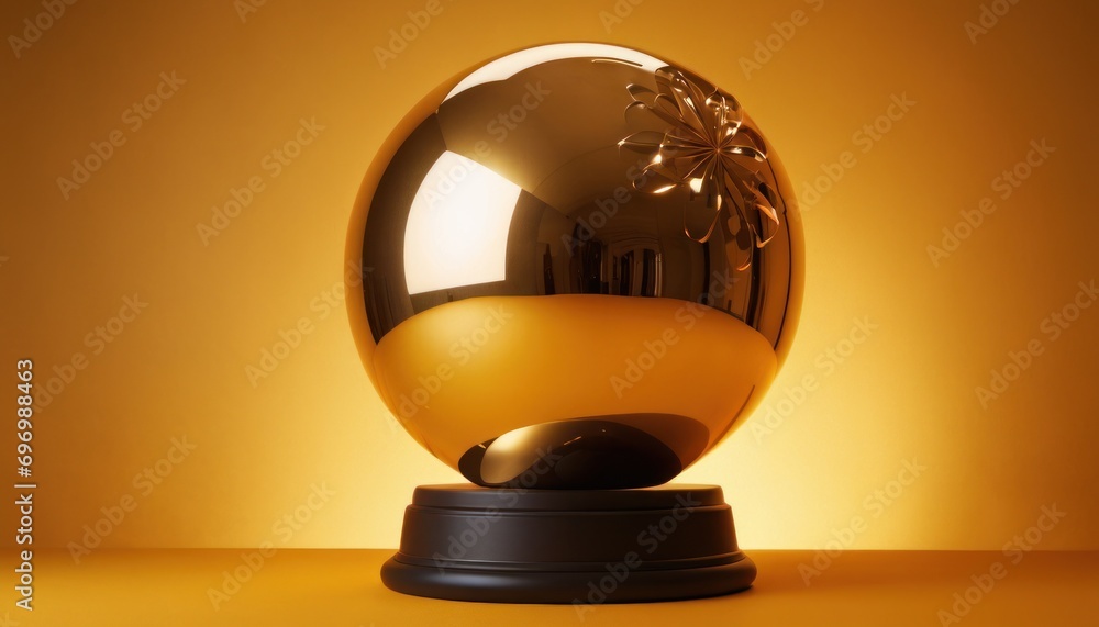 an egg shaped object sitting on top of a black base on a yellow surface with a yellow light behind it and a black base with a flower on the top. an egg shaped object sitting on top of a black base on a yellow surface with a yellow light behind it and a black base with a flower on the top.