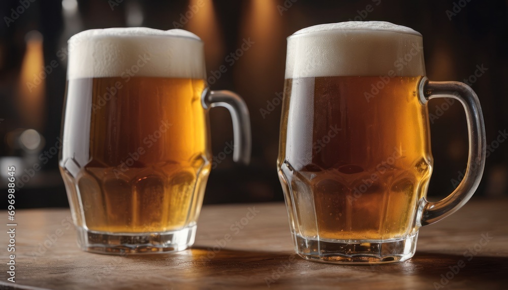 two mugs of beer sitting on top of a wooden table next to each other on a wooden table with a fire place in the back ground in the background. two mugs of beer sitting on top of a wooden table next to each other on a wooden table with a fire place in the back ground in the background.