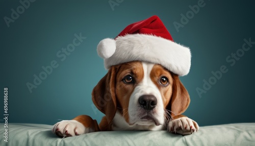  a brown and white dog wearing a santa hat laying on top of a bed with it's paws on the edge of the bed and looking at the camera. © Jevjenijs