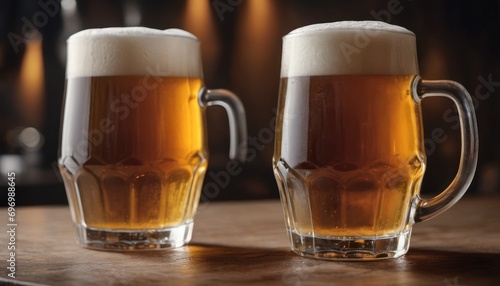  two mugs of beer sitting on top of a wooden table next to each other on a wooden table with a fire place in the back ground in the background.
