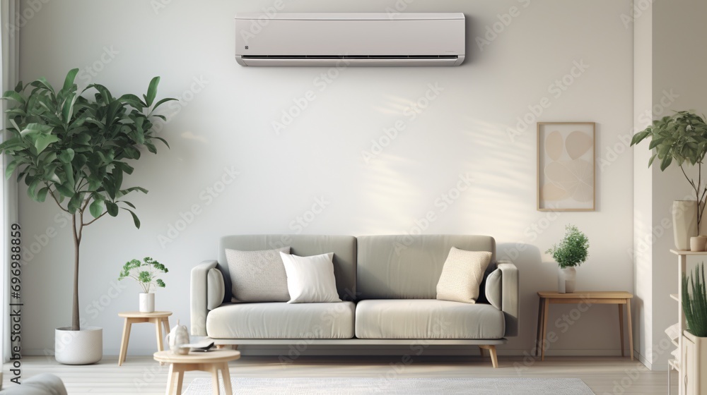 A young married couple happily adjusting the temperature on their contemporary wall-mounted AC in their living room. - obrazy, fototapety, plakaty 
