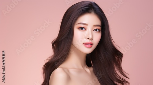 A youthful Asian woman with Korean-inspired makeup and flawless skin poses on a pink background, showcasing facial care and cosmetic procedures.