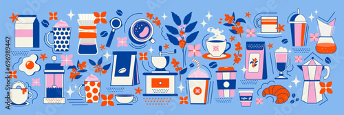 A large set of coffee elements. Coffee machine, coffee tools, accessories, paper cups, glasses, beans, paper bags. Perfect for your project